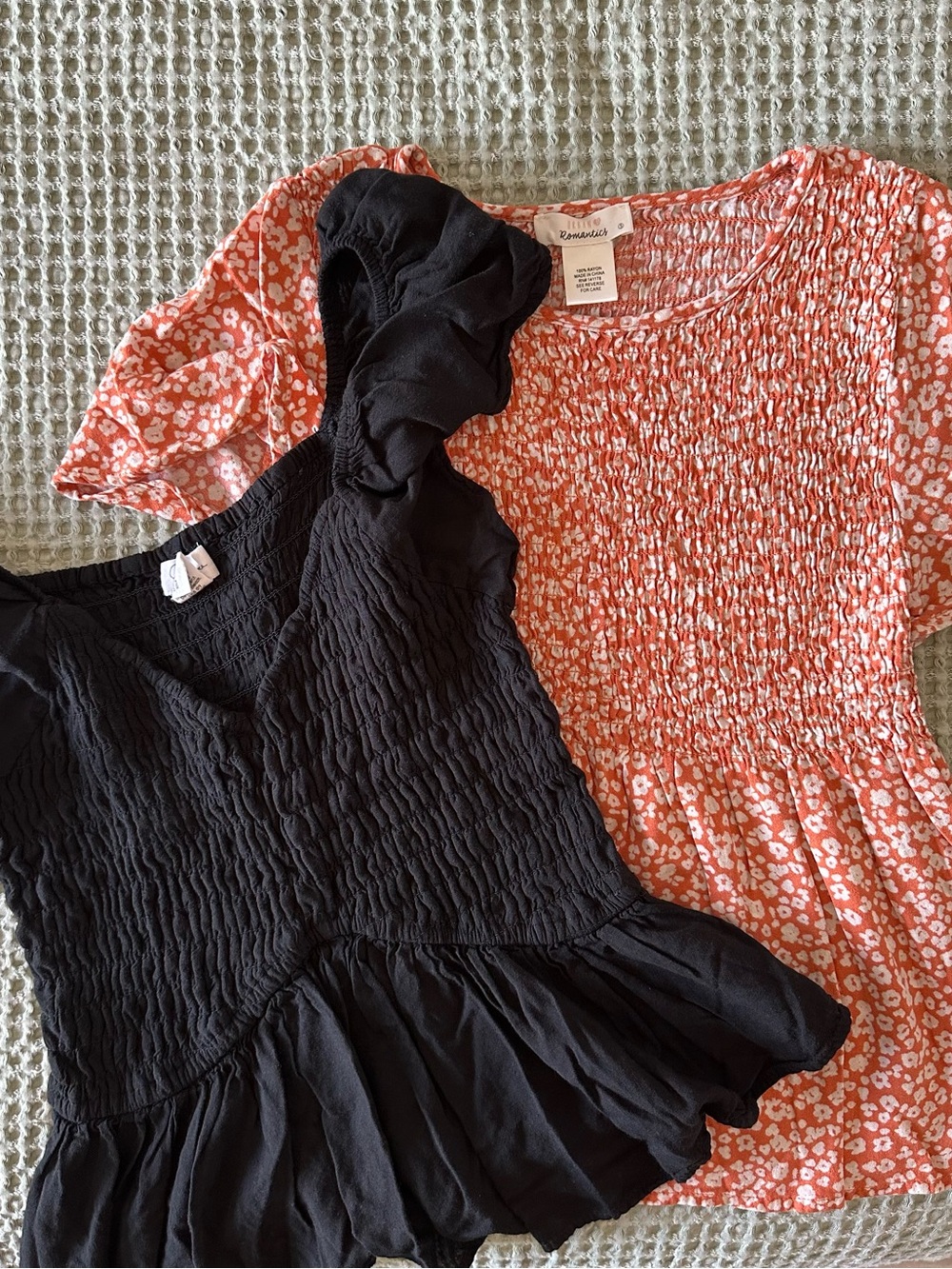 BUNDLE-Black Smocked Ruffle Peplum Top & Orange Top